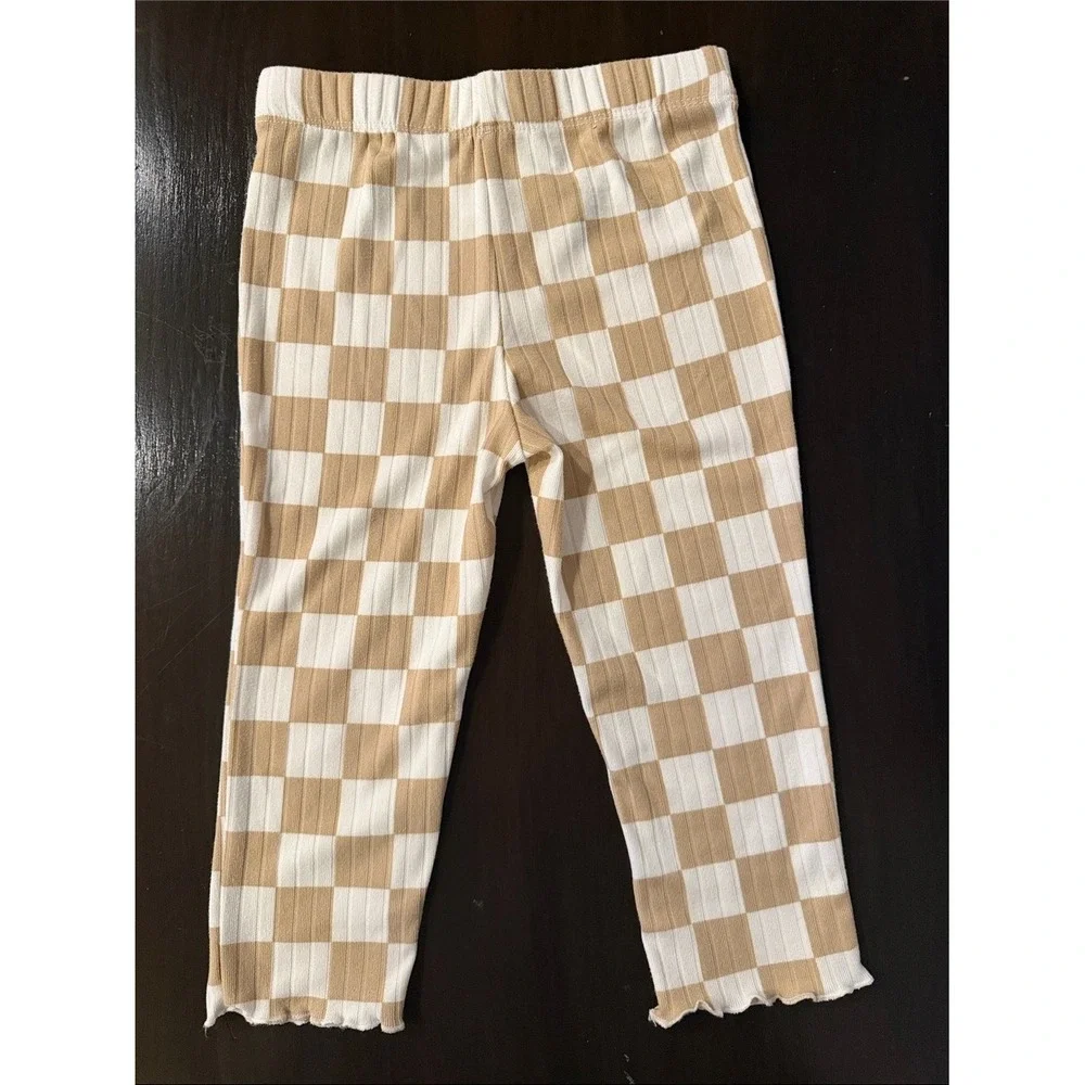 Tahari Girl Tan‎ White Checkered Ribbed Top and Leggings Set 2T